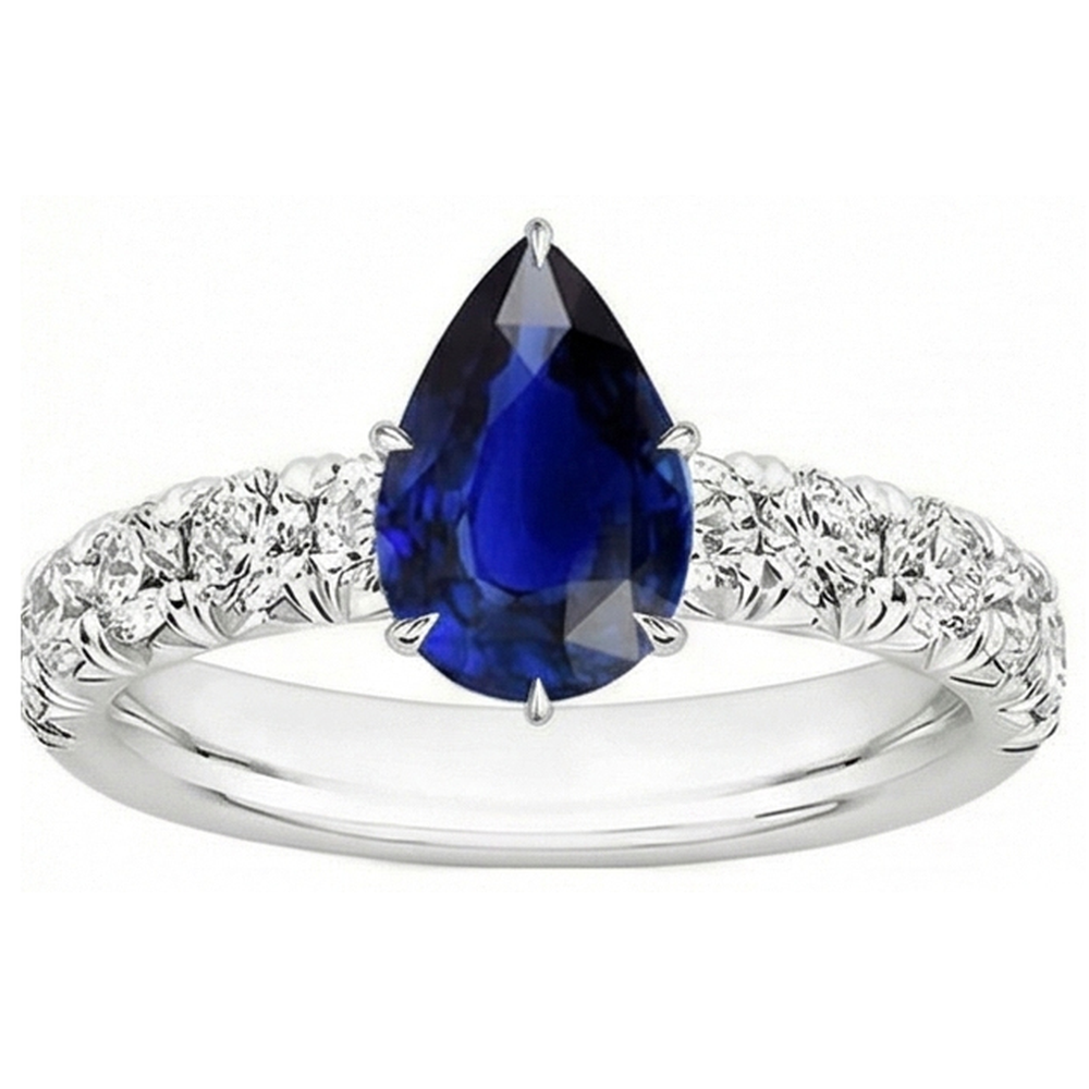 Solitaire Accents Ring Pear Blue Sapphire & Natural Earth Mined Diamond ( Not Lab Grown )s 5 Carats Pave Set