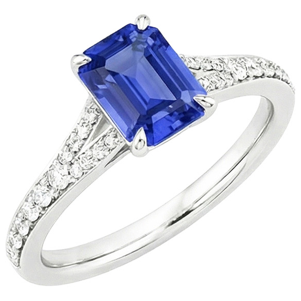 Solitaire Accents Ring White Gold Blue Sapphire & Natural Earth Mined Diamond ( Not Lab Grown ) 4 Carats