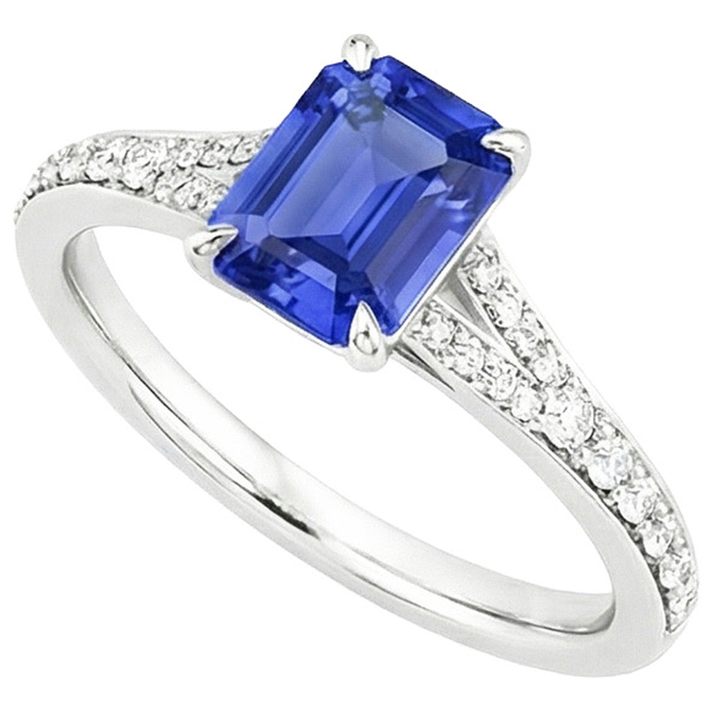 Solitaire Accents Ring White Gold Blue Sapphire & Natural Earth Mined Diamond ( Not Lab Grown ) 4 Carats