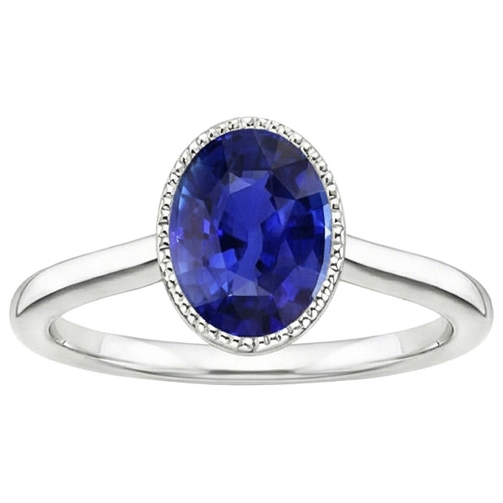 Solitaire Bezel Set Ceylon Sapphire Ring Oval White Gold 3 Carats