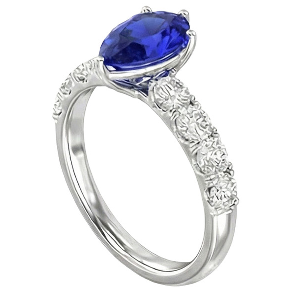 Solitaire Blue Sapphire Engagement Ring With Natural Earth Mined Diamond ( Not Lab Grown ) Accents 4 Carats