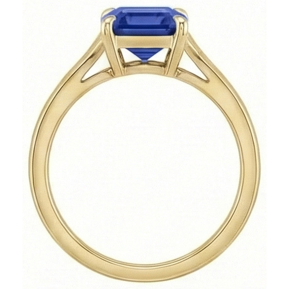 Solitaire Blue Sapphire Ring Emerald Cut 3 Carats Yellow Gold 14K