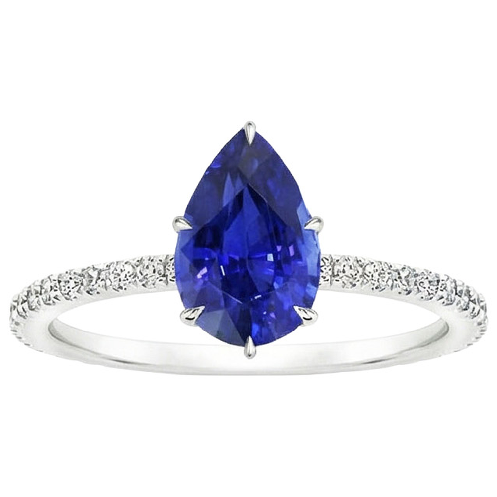 Solitaire Blue Sapphire Ring Pear Cut & Pave Set Natural Earth Mined Diamond ( Not Lab Grown )s 4.50 Carats