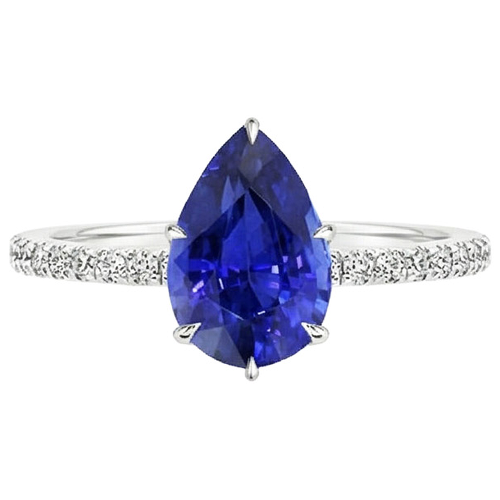 Solitaire Blue Sapphire Ring Pear Cut & Pave Set Natural Earth Mined Diamond ( Not Lab Grown )s 4.50 Carats