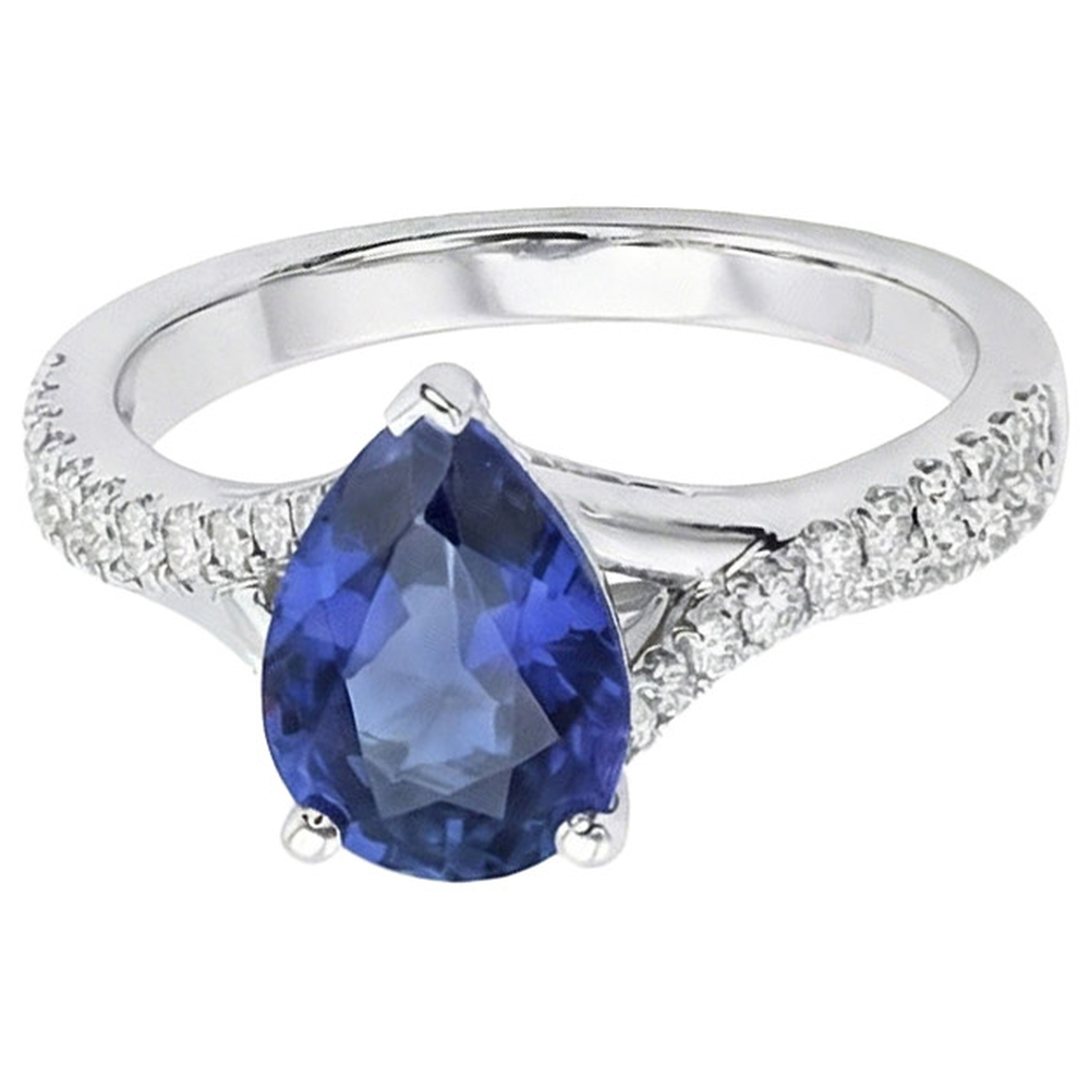 Solitaire Blue Sapphire Ring White Gold Pave Set Natural Earth Mined Diamond ( Not Lab Grown )s 4 Carats