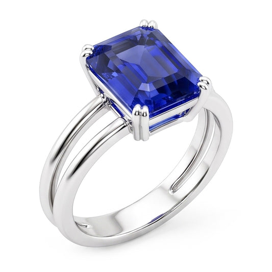 Solitaire Emerald Blue Sapphire Ring Double Prong Split Shank 2 Carats