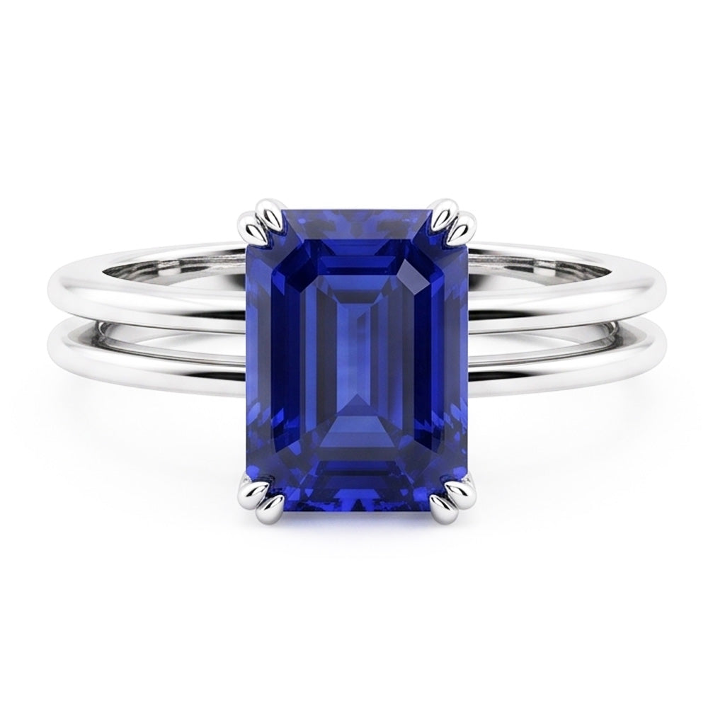 Solitaire Emerald Blue Sapphire Ring Double Prong Split Shank 2 Carats