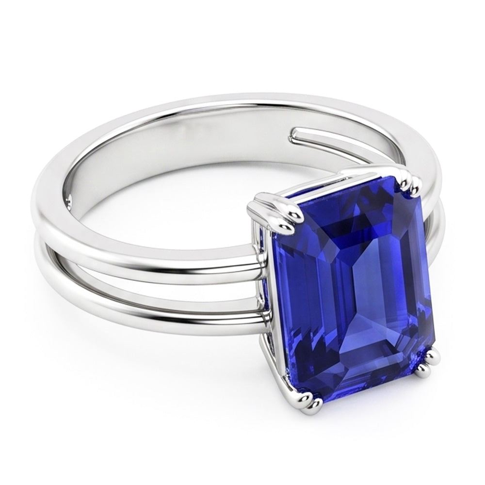 Solitaire Emerald Blue Sapphire Ring Double Prong Split Shank 2 Carats