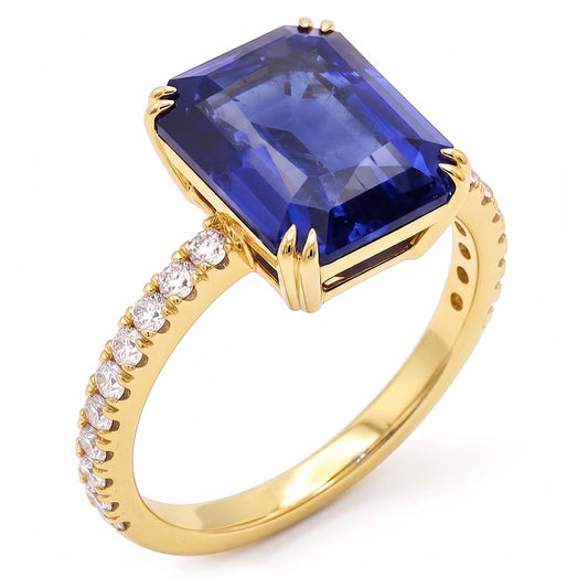 Solitaire Emerald Blue Sapphire Ring With Natural Earth Mined Diamond ( Not Lab Grown ) Accents 4.50 Carats