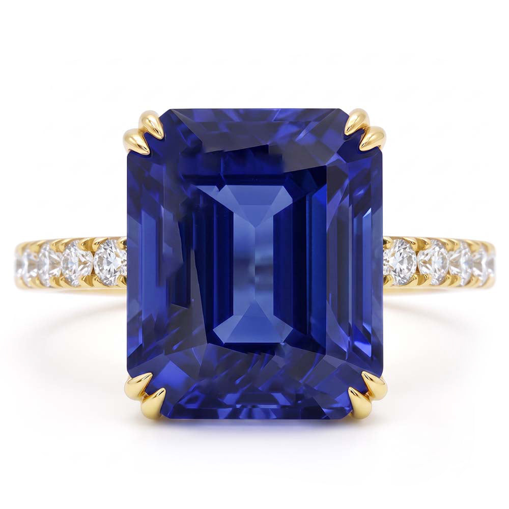 Solitaire Emerald Blue Sapphire Ring With Natural Earth Mined Diamond ( Not Lab Grown ) Accents 4.50 Carats