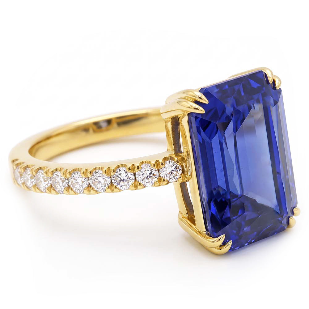 Solitaire Emerald Blue Sapphire Ring With Natural Earth Mined Diamond ( Not Lab Grown ) Accents 4.50 Carats