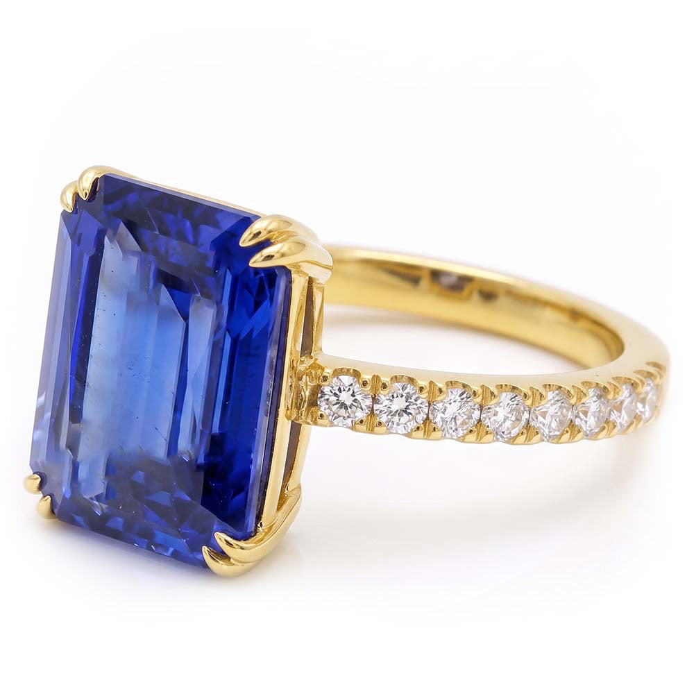 Solitaire Emerald Blue Sapphire Ring With Natural Earth Mined Diamond ( Not Lab Grown ) Accents 4.50 Carats