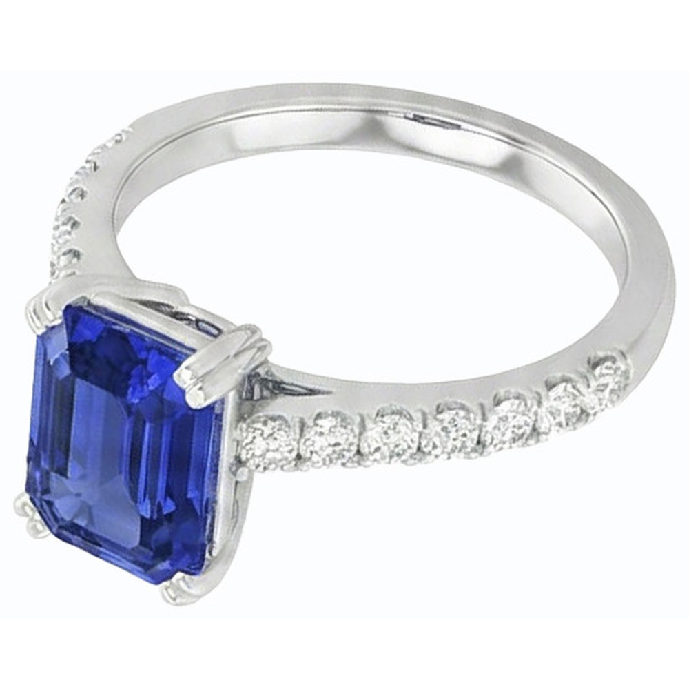 Solitaire Emerald Blue Sapphire Ring & Pave Set Natural Earth Mined Diamond ( Not Lab Grown )s 3.50 Carats
