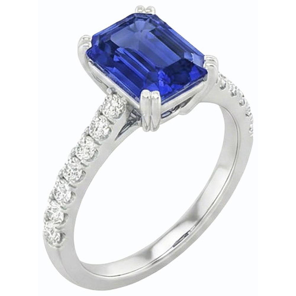 Solitaire Emerald Blue Sapphire Ring & Pave Set Natural Earth Mined Diamond ( Not Lab Grown )s 3.50 Carats