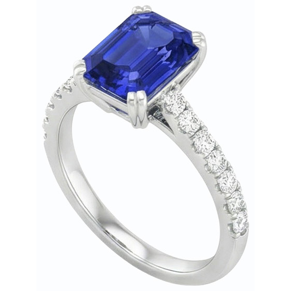 Solitaire Emerald Blue Sapphire Ring & Pave Set Natural Earth Mined Diamond ( Not Lab Grown )s 3.50 Carats