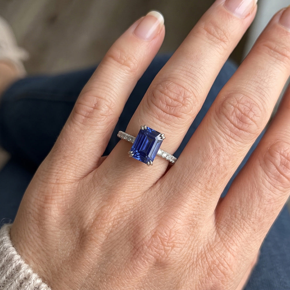Solitaire Emerald Blue Sapphire Ring & Pave Set Natural Earth Mined Diamond ( Not Lab Grown )s 3.50 Carats