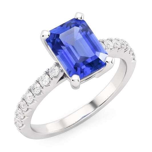 Solitaire Emerald Blue Sapphire Wedding Ring With Natural Earth Mined Diamond ( Not Lab Grown ) Accents 3 Carats