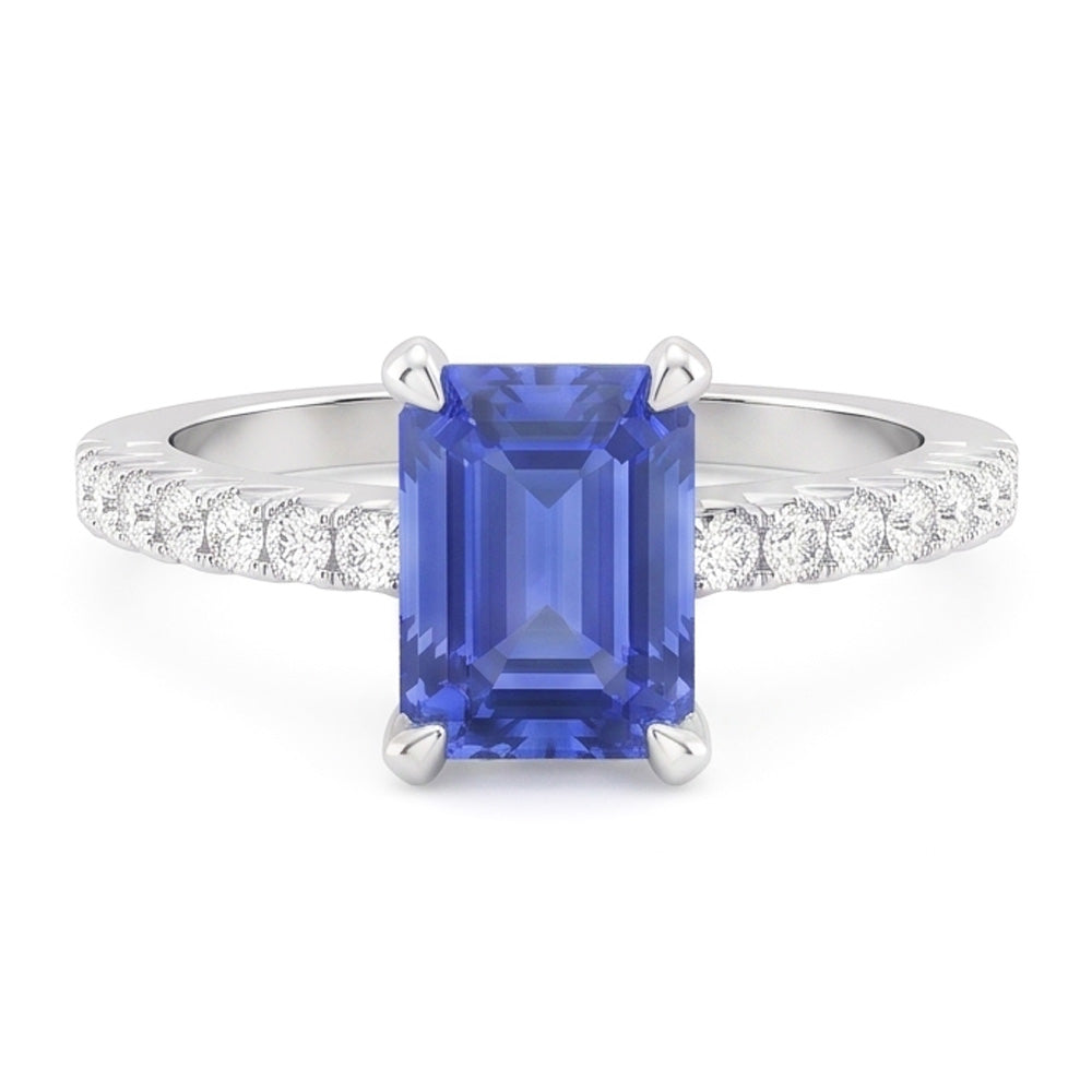 Solitaire Emerald Blue Sapphire Wedding Ring With Natural Earth Mined Diamond ( Not Lab Grown ) Accents 3 Carats
