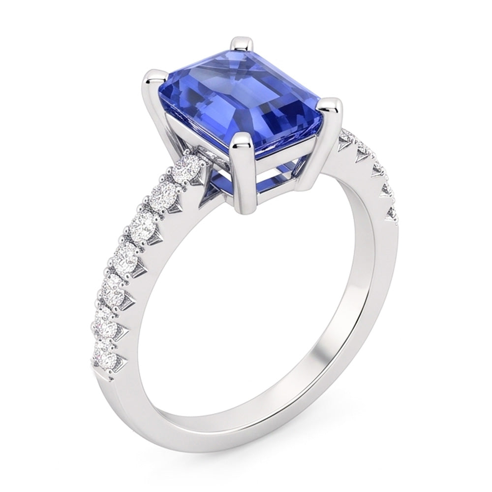 Solitaire Emerald Blue Sapphire Wedding Ring With Natural Earth Mined Diamond ( Not Lab Grown ) Accents 3 Carats
