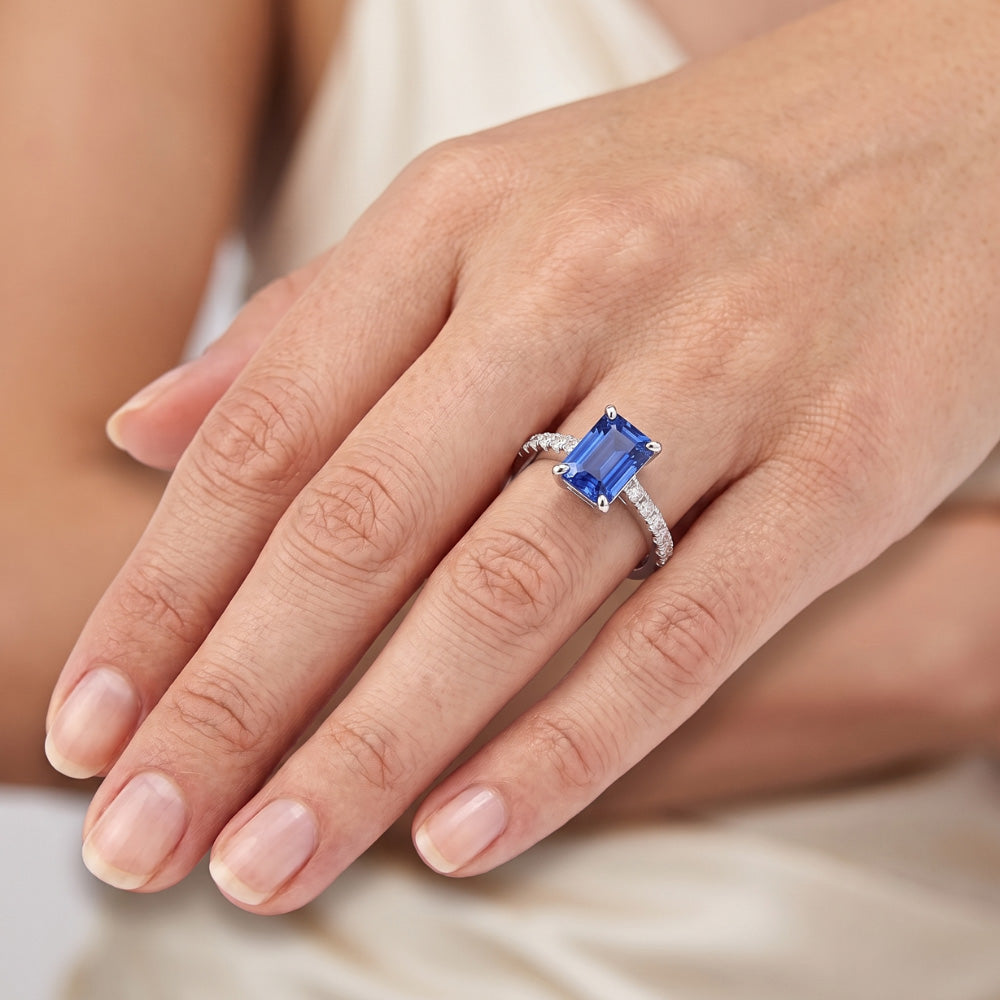 Solitaire Emerald Blue Sapphire Wedding Ring With Natural Earth Mined Diamond ( Not Lab Grown ) Accents 3 Carats