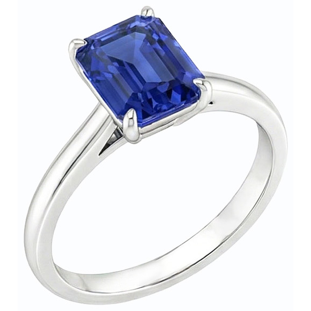 Solitaire Emerald Ceylon Sapphire Ring 14K White Gold 1.50 Carats