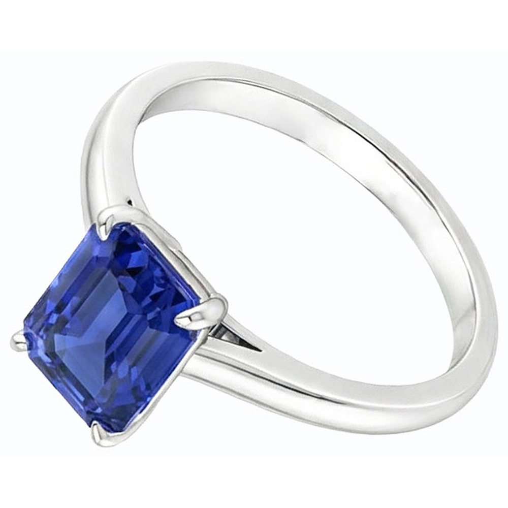 Solitaire Emerald Ceylon Sapphire Ring 14K White Gold 1.50 Carats