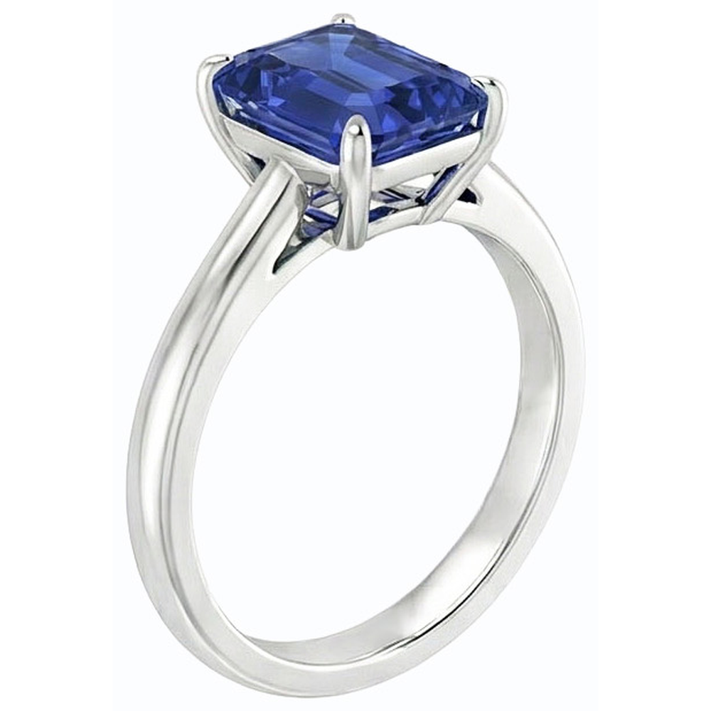 Solitaire Emerald Ceylon Sapphire Ring 14K White Gold 1.50 Carats