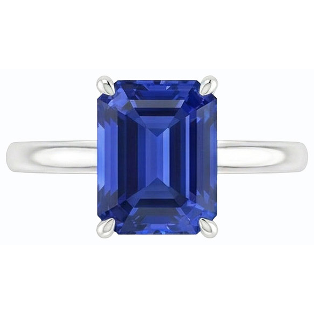 Solitaire Emerald Ceylon Sapphire Ring 14K White Gold 1.50 Carats