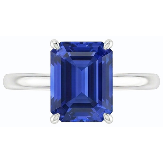 Solitaire Emerald Ceylon Sapphire Ring 14K White Gold 1.50 Carats