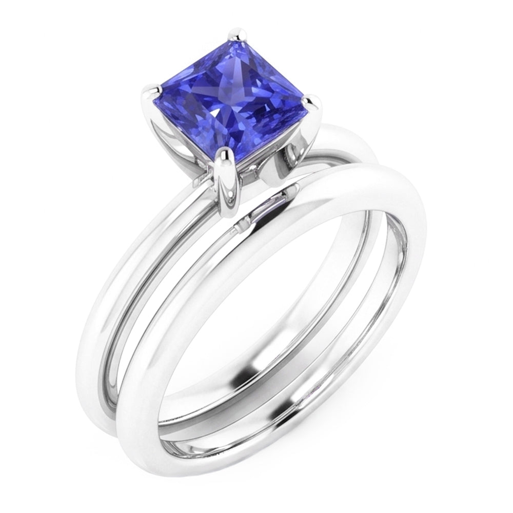 Solitaire Engagement Ring Set Princess Blue Sapphire 1 Carat