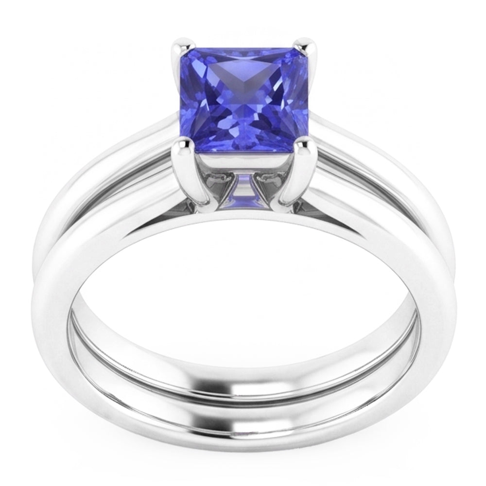 Solitaire Engagement Ring Set Princess Blue Sapphire 1 Carat
