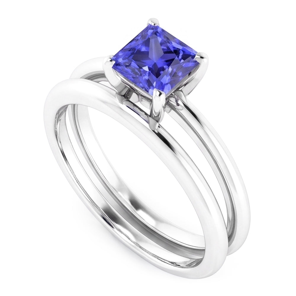 Solitaire Engagement Ring Set Princess Blue Sapphire 1 Carat