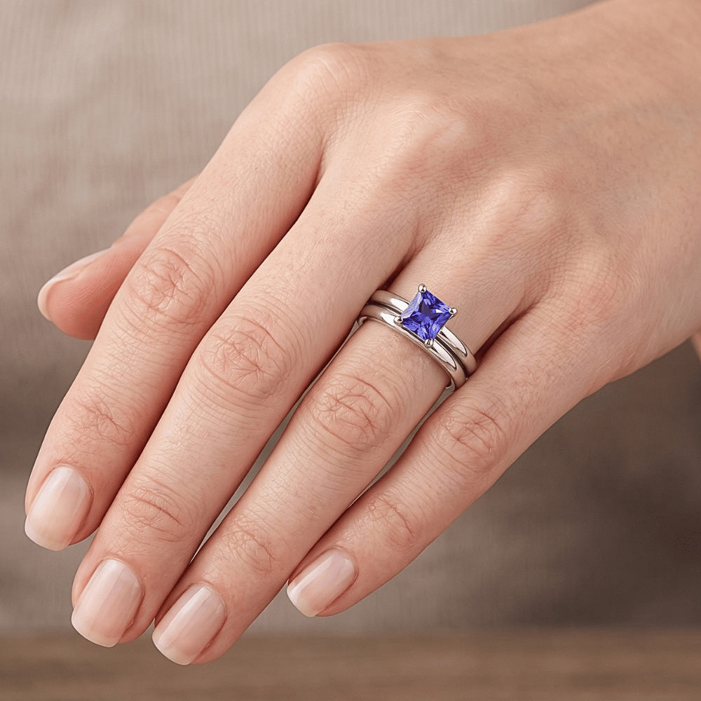 Solitaire Engagement Ring Set Princess Blue Sapphire 1 Carat