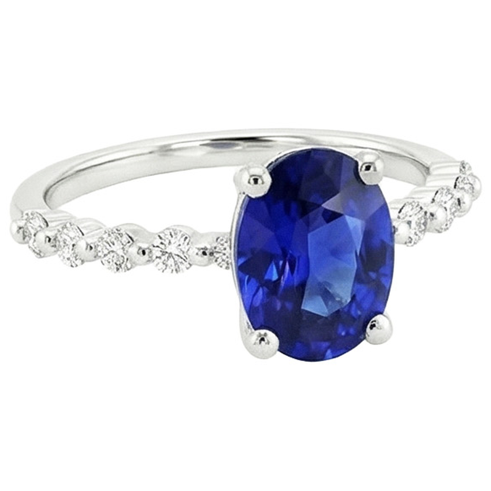 Solitaire Gemstone Ring With Natural Earth Mined Diamond ( Not Lab Grown ) Accents Ceylon Sapphire 3 Carats