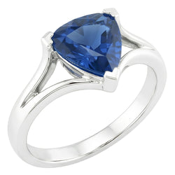 Solitaire Gold Ring Trillion Ceylon Sapphire V Split Shank 1.50 Carats