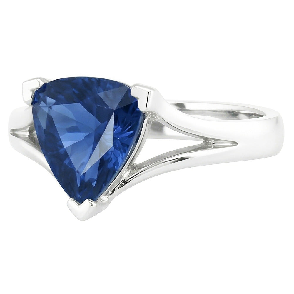 Solitaire Gold Ring Trillion Ceylon Sapphire V Split Shank 1.50 Carats