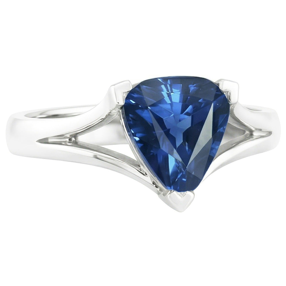Solitaire Gold Ring Trillion Ceylon Sapphire V Split Shank 1.50 Carats