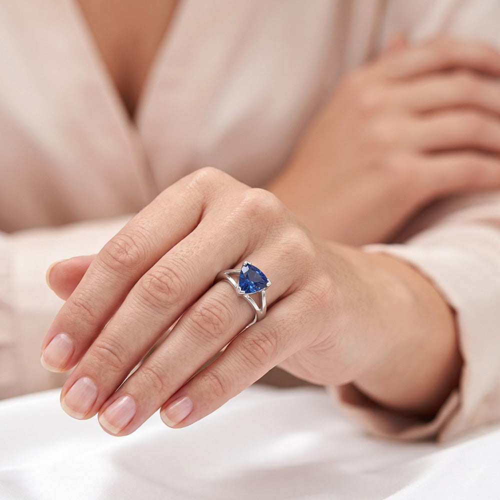Solitaire Gold Ring Trillion Ceylon Sapphire V Split Shank 1.50 Carats