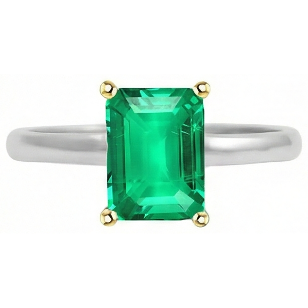 Fine Emerald Step Cut Colored Stone Ring in Two-Tone 14K Gold – front view