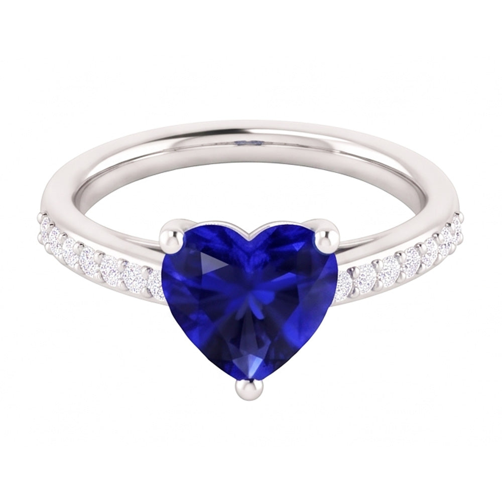 Solitaire Heart Ceylon Sapphire Ring & Pave Set Natural Earth Mined Diamond ( Not Lab Grown )s 2.50 Carats