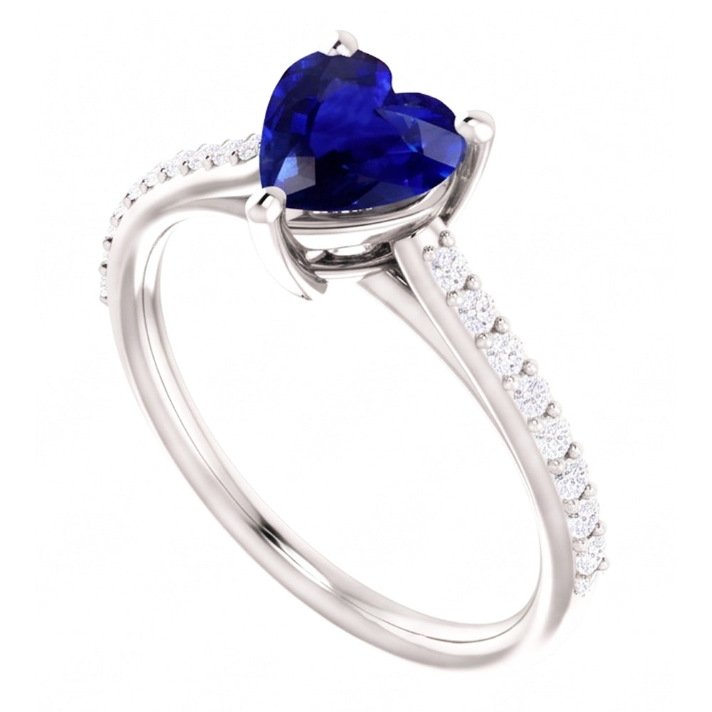 Solitaire Heart Ceylon Sapphire Ring & Pave Set Natural Earth Mined Diamond ( Not Lab Grown )s 2.50 Carats
