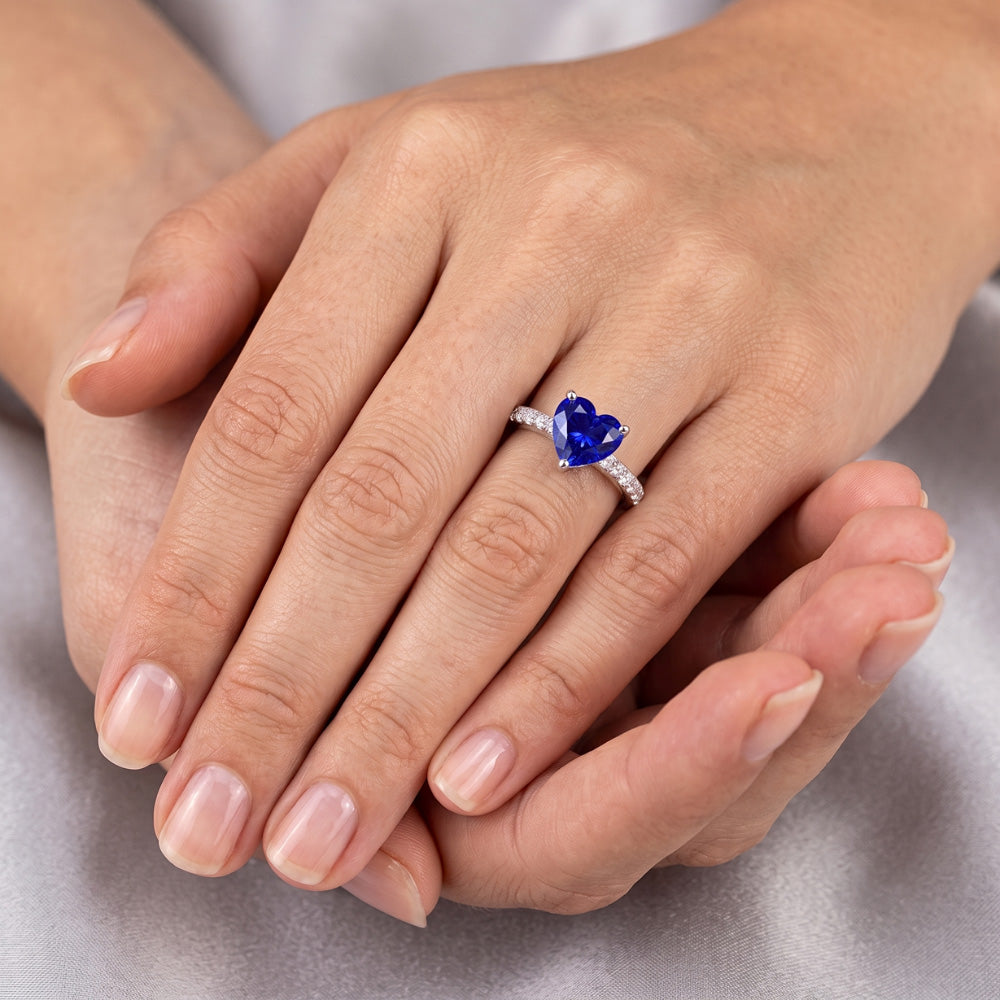 Solitaire Heart Ceylon Sapphire Ring & Pave Set Natural Earth Mined Diamond ( Not Lab Grown )s 2.50 Carats