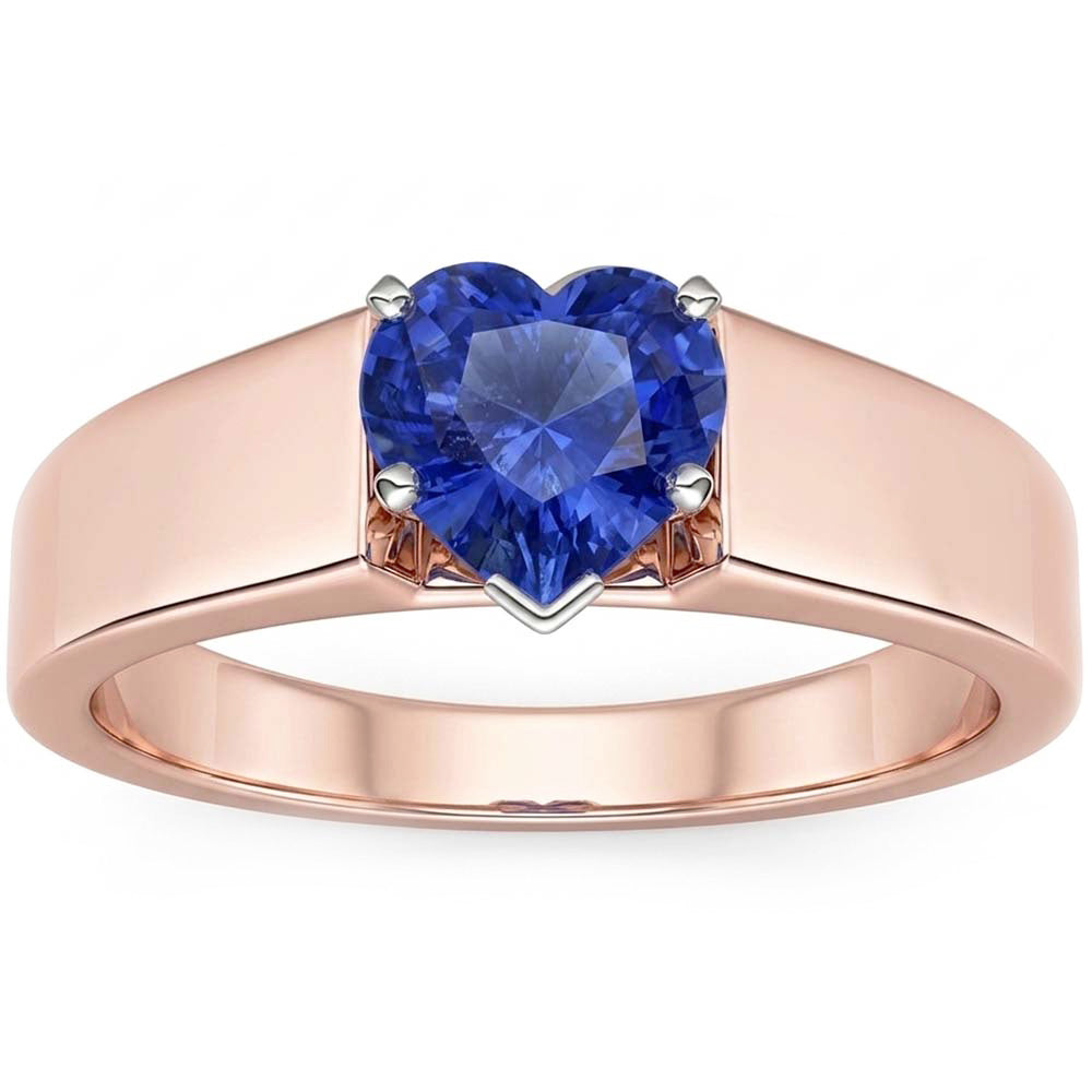 Solitaire Heart Sapphire Ring 1.50 Carats Two Tone Gold Thick Shank