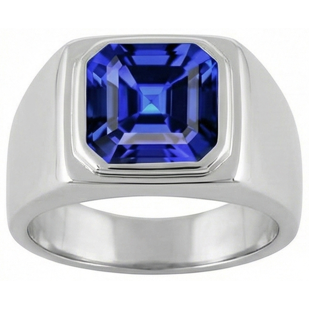 Solitaire Men's Ring 1.50 Carats Flush Set Blue Sapphire Asscher Cut