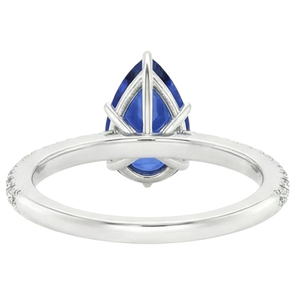 Solitaire Pear Blue Sapphire Ring With Accents Pave Setting 5 Carats