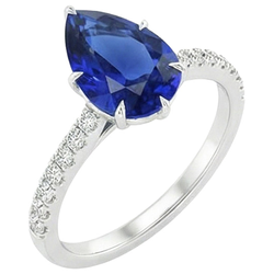 Solitaire Pear Blue Sapphire Ring With Accents Pave Setting 5 Carats