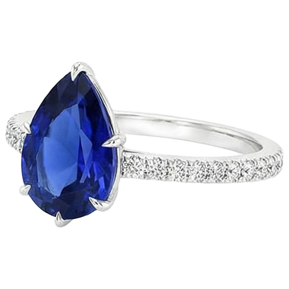 Solitaire Pear Blue Sapphire Ring With Accents Pave Setting 5 Carats