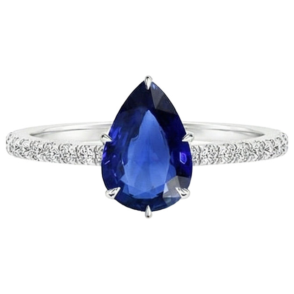 Solitaire Pear Blue Sapphire Ring With Accents Pave Setting 5 Carats