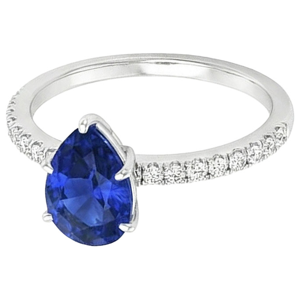 Solitaire Pear Ceylon Sapphire Ring With Accents Pave Set 3.75 Carats