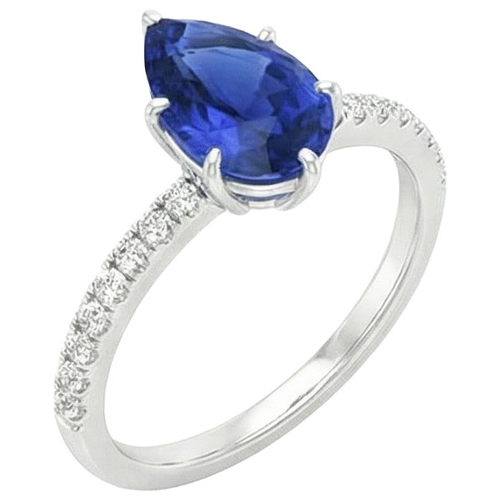 Solitaire Pear Ceylon Sapphire Ring With Accents Pave Set 3.75 Carats